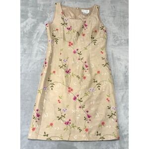 Vintage Silk Club Womens Sleeveless Silk Embroidery Floral Dress 90's Tan Size 6